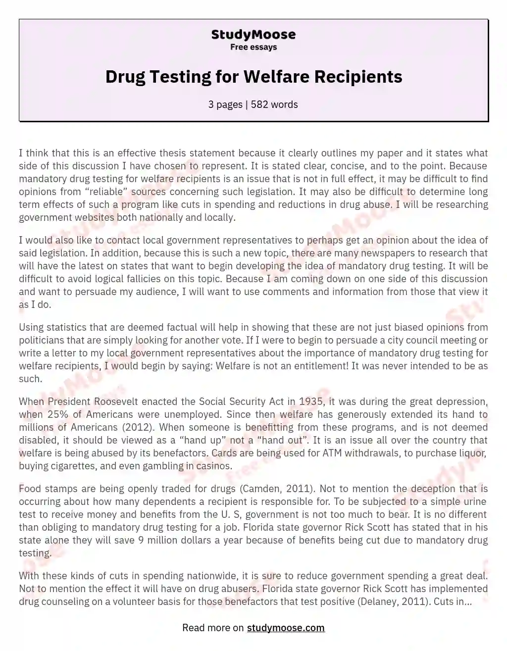 Drug Testing for Welfare Recipients essay