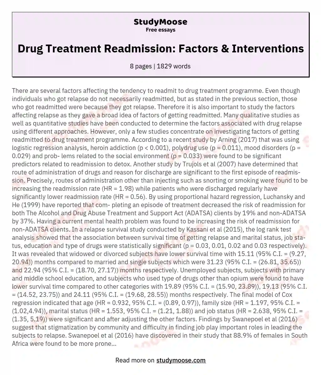 Drug Treatment Readmission: Factors & Interventions essay