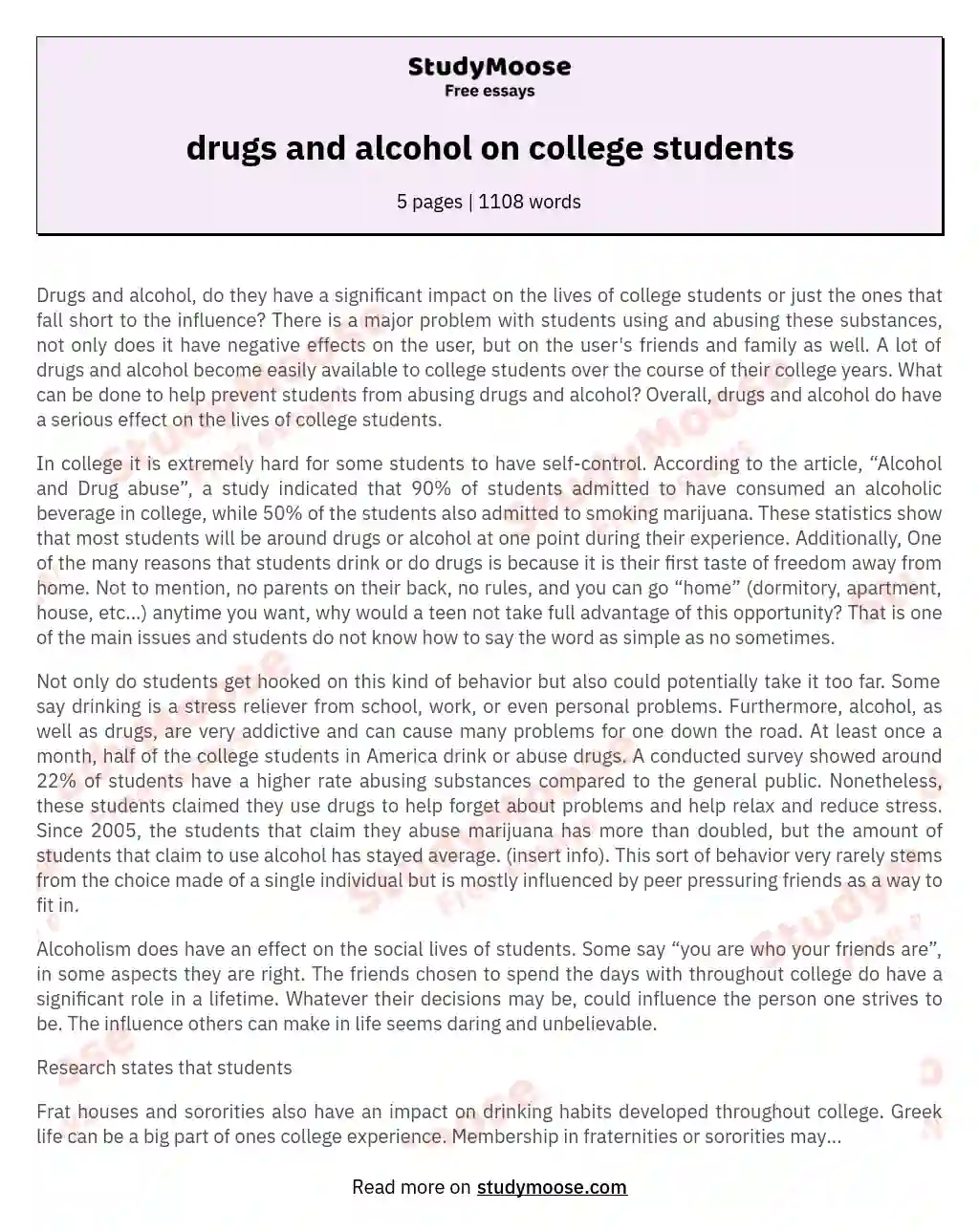 drugs and alcohol on college students essay
