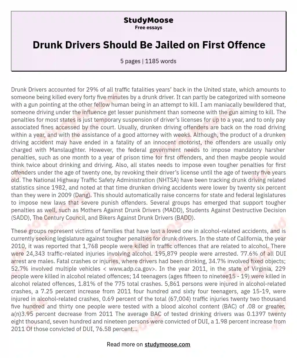 Drunk Drivers Should Be Jailed on First Offence essay