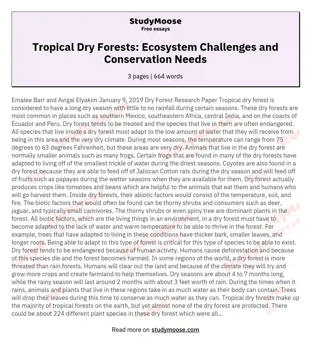 Tropical Dry Forests: Ecosystem Challenges and Conservation Needs essay