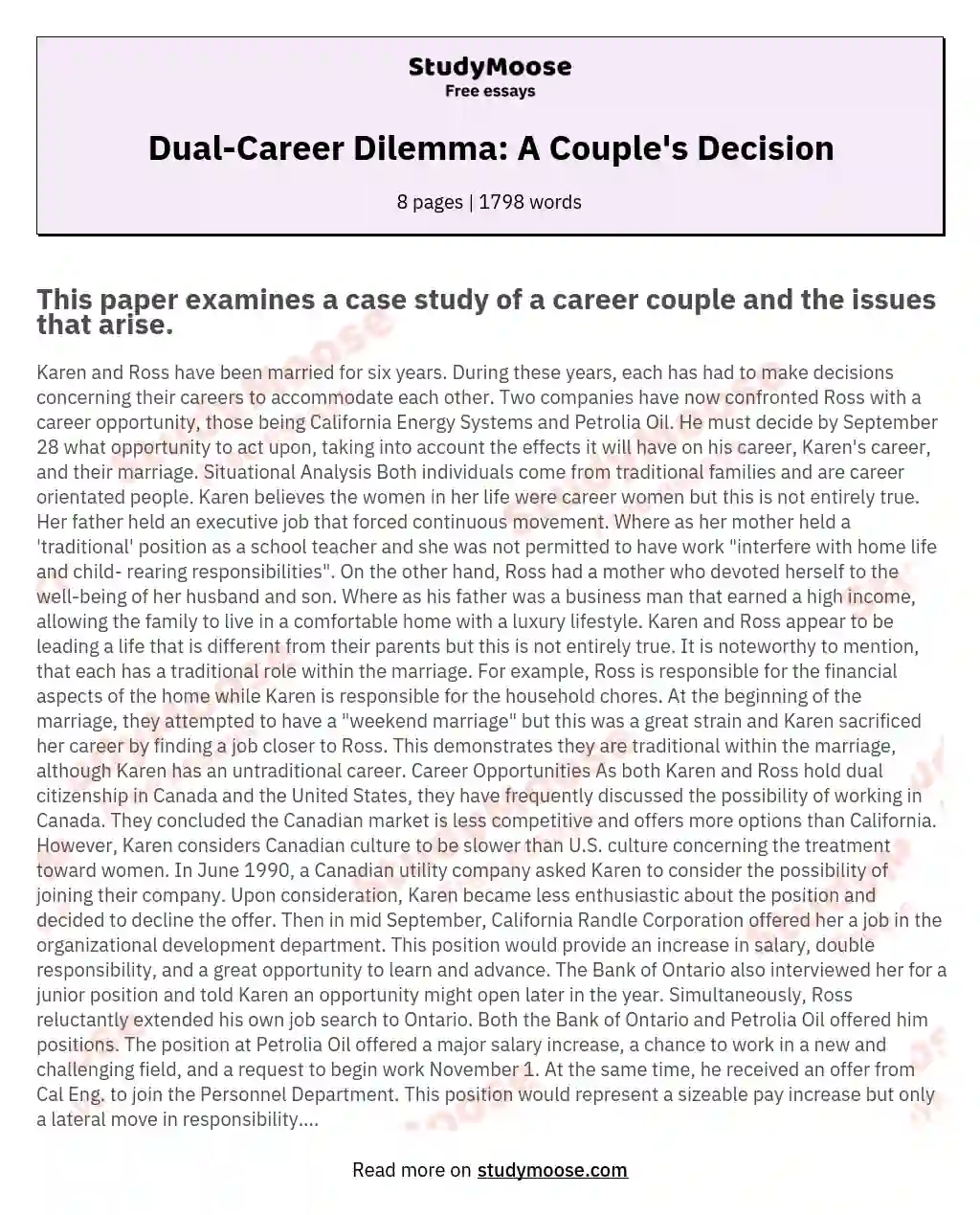Dual-Career Dilemma: A Couple's Decision essay