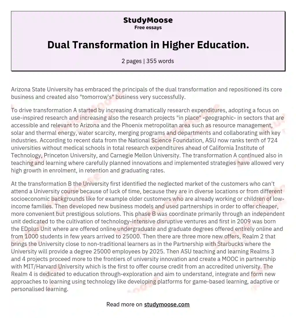 Dual Transformation in Higher Education. essay