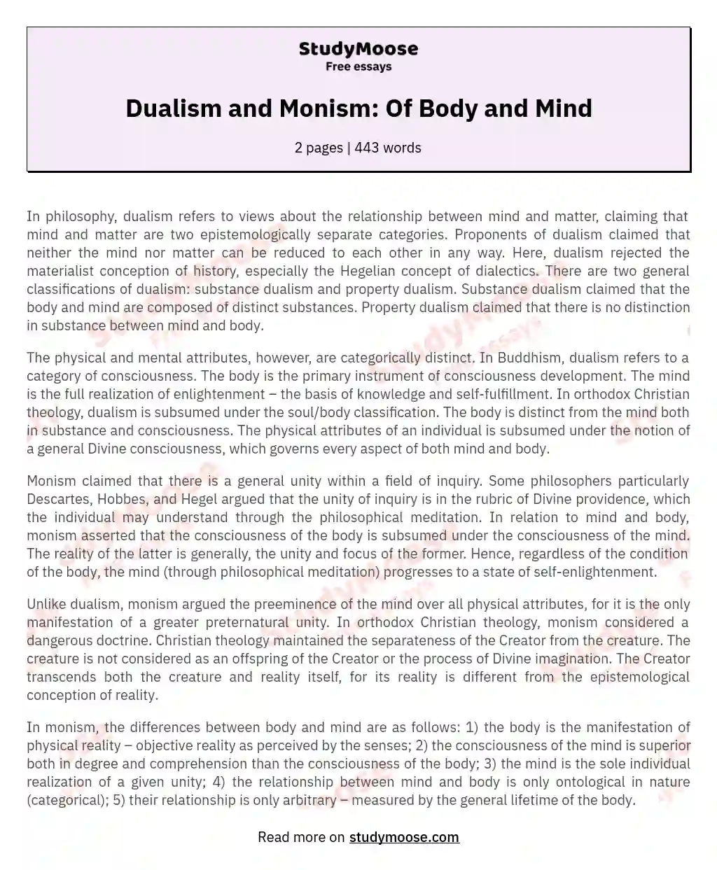 Dualism and Monism: Of Body and Mind essay
