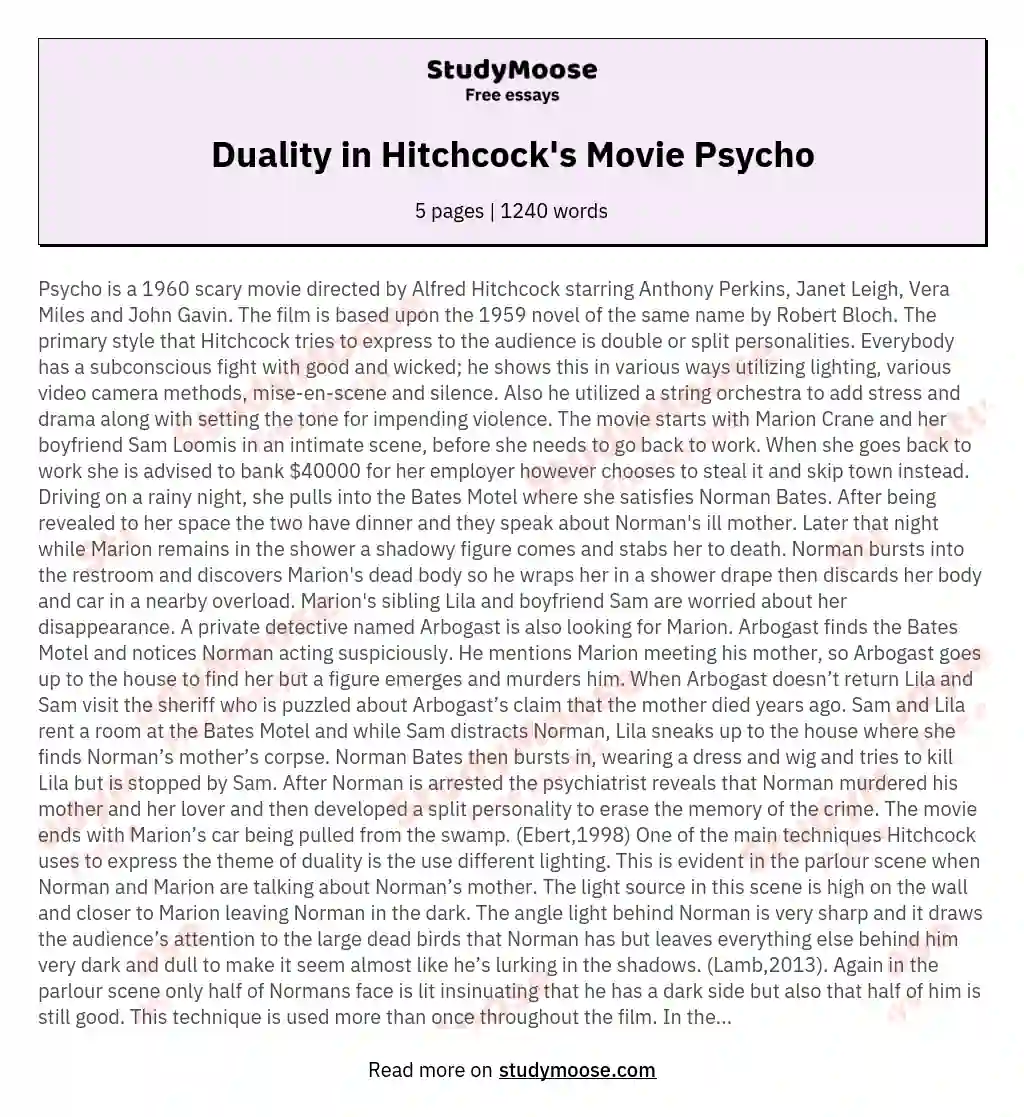 Duality in Hitchcock's Movie Psycho essay