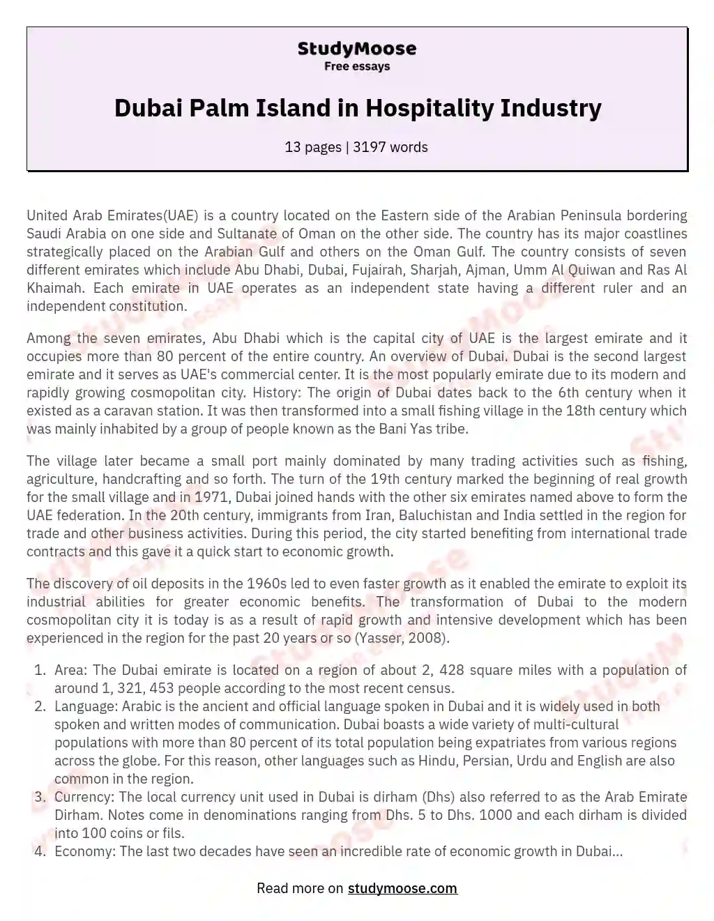 Dubai Palm Island in Hospitality Industry essay