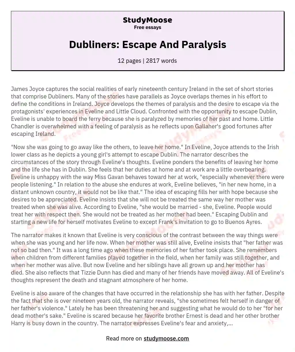 Dubliners: Escape And Paralysis essay
