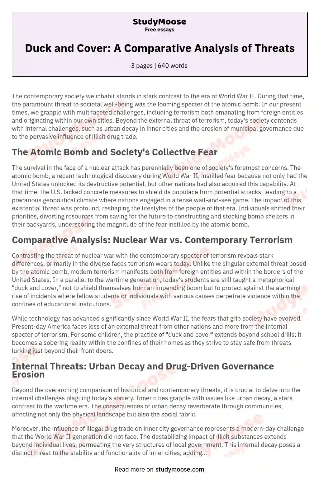 Duck and Cover: A Comparative Analysis of Threats essay