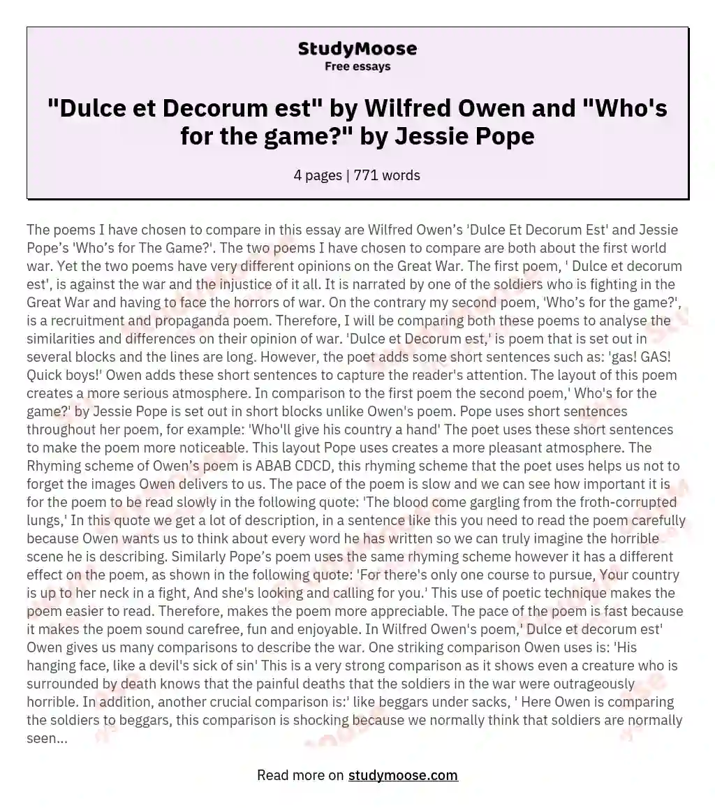 Dulce et Decorum by Wilfred Owen and "Who's for the by Jessie Pope Free Essay Example
