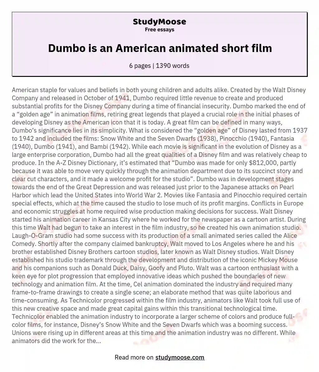 Dumbo is an American animated short film essay