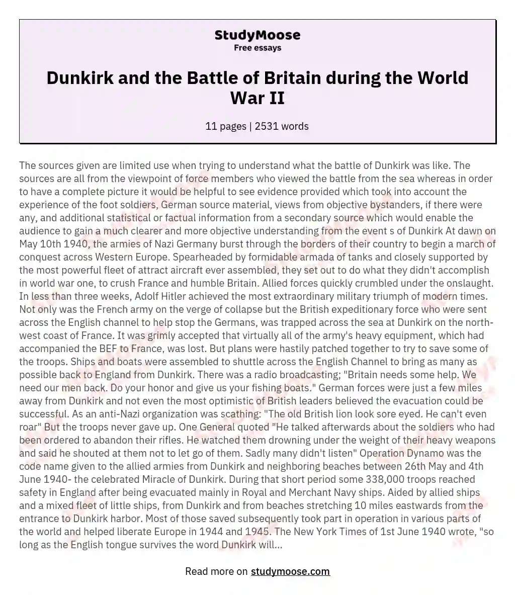 Dunkirk and the Battle of Britain during the World War II essay
