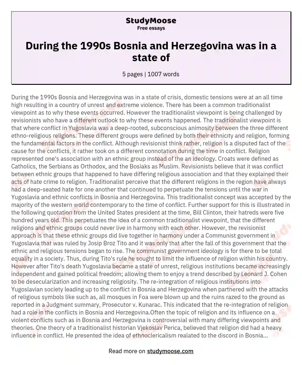 During the 1990s Bosnia and Herzegovina was in a state of essay