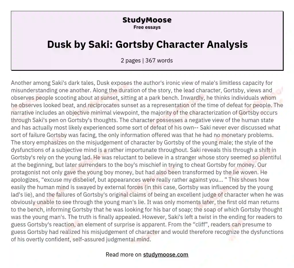 Dusk by Saki: Gortsby Character Analysis essay