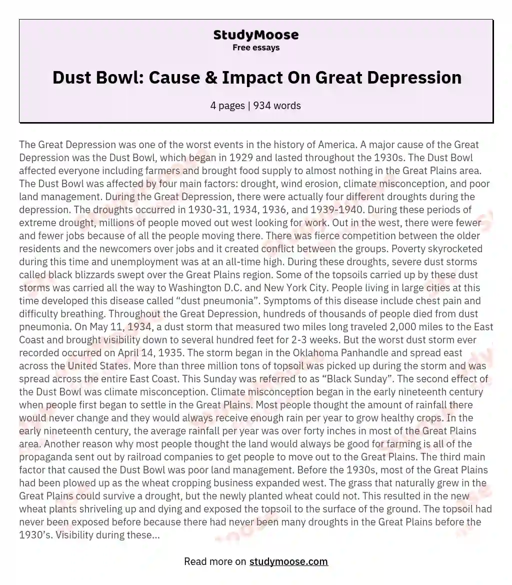 Dust Bowl: Cause & Impact On Great Depression