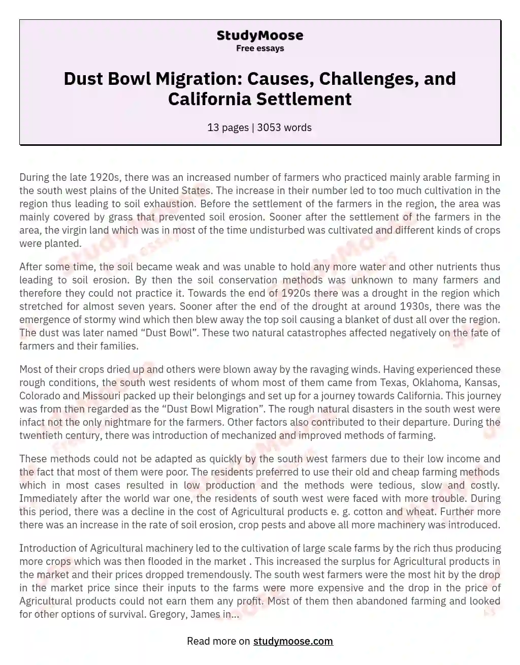 Dust Bowl Migration: Causes, Challenges, and California Settlement essay
