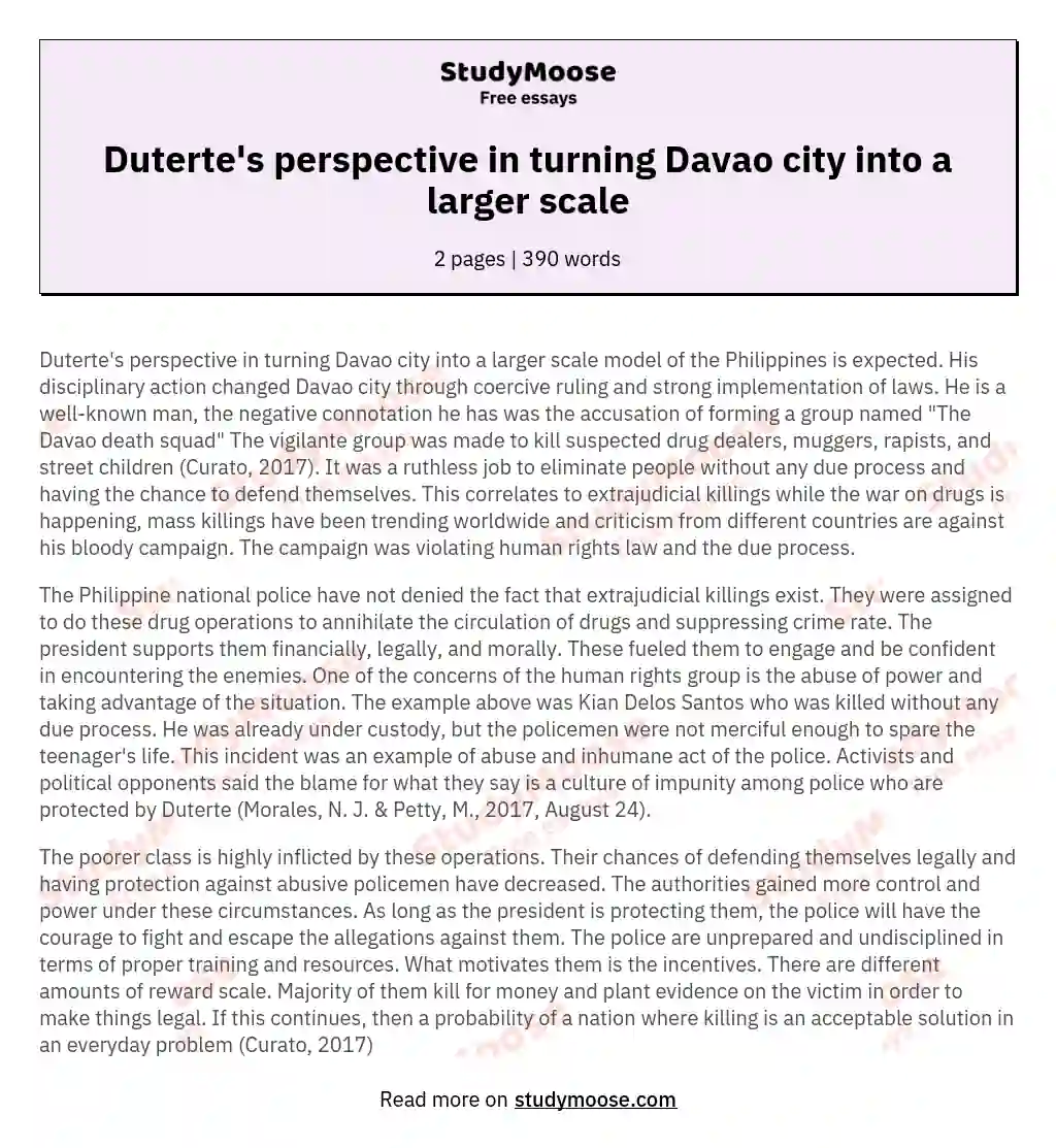 Duterte's perspective in turning Davao city into a larger scale essay