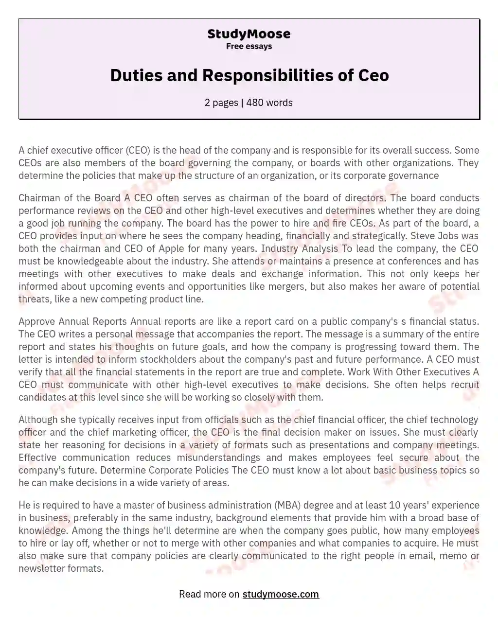 Duties and Responsibilities of Ceo
