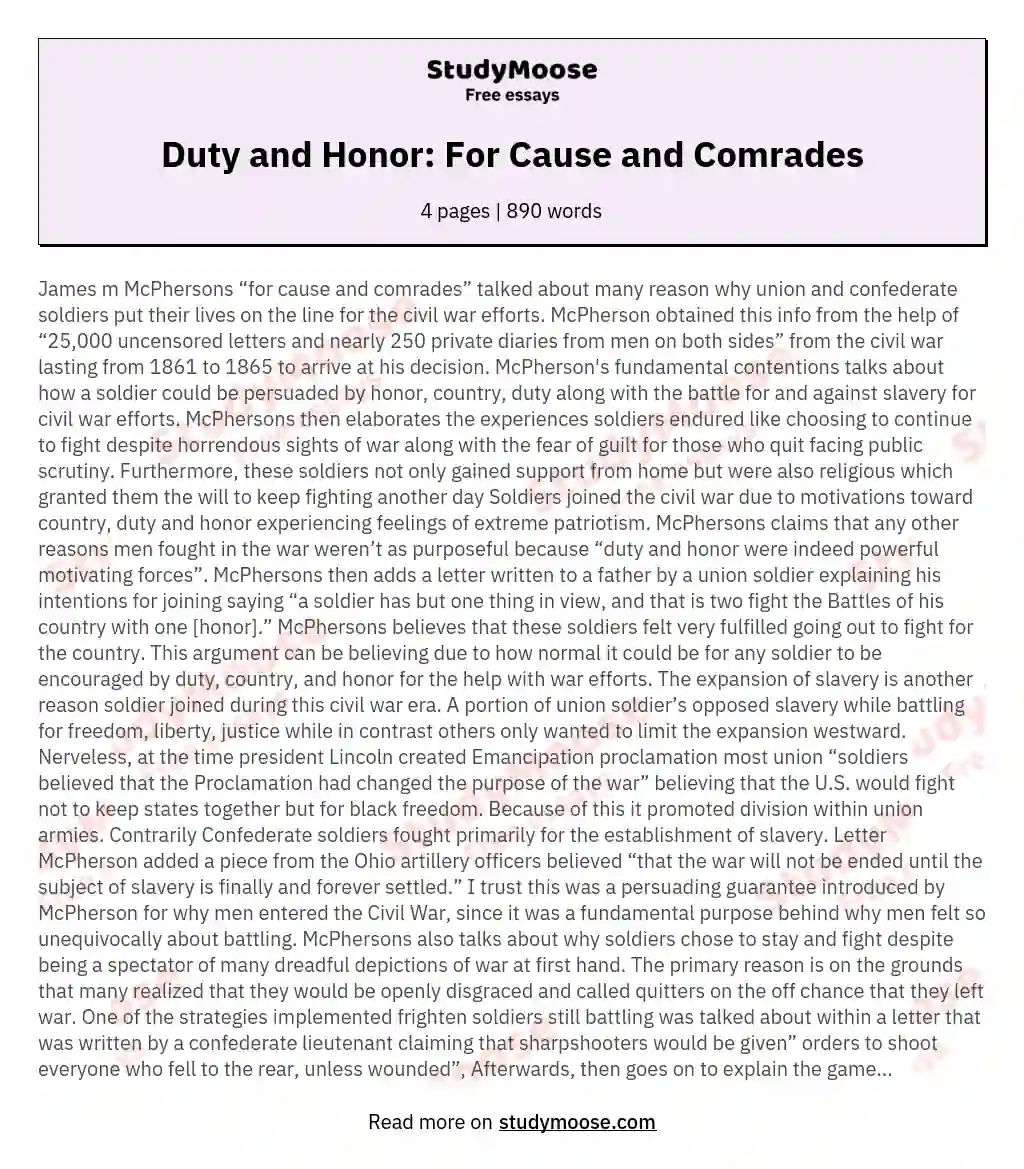 Duty and Honor: For Cause and Comrades essay