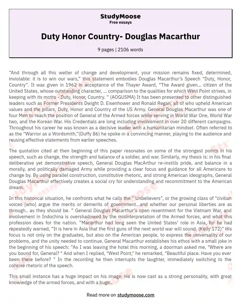 Duty Honor Country- Douglas Macarthur essay