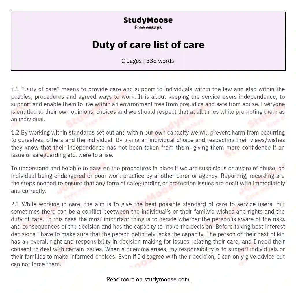 Duty of care list of care