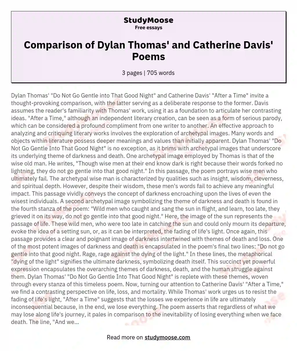 Comparison of Dylan Thomas' and Catherine Davis' Poems essay