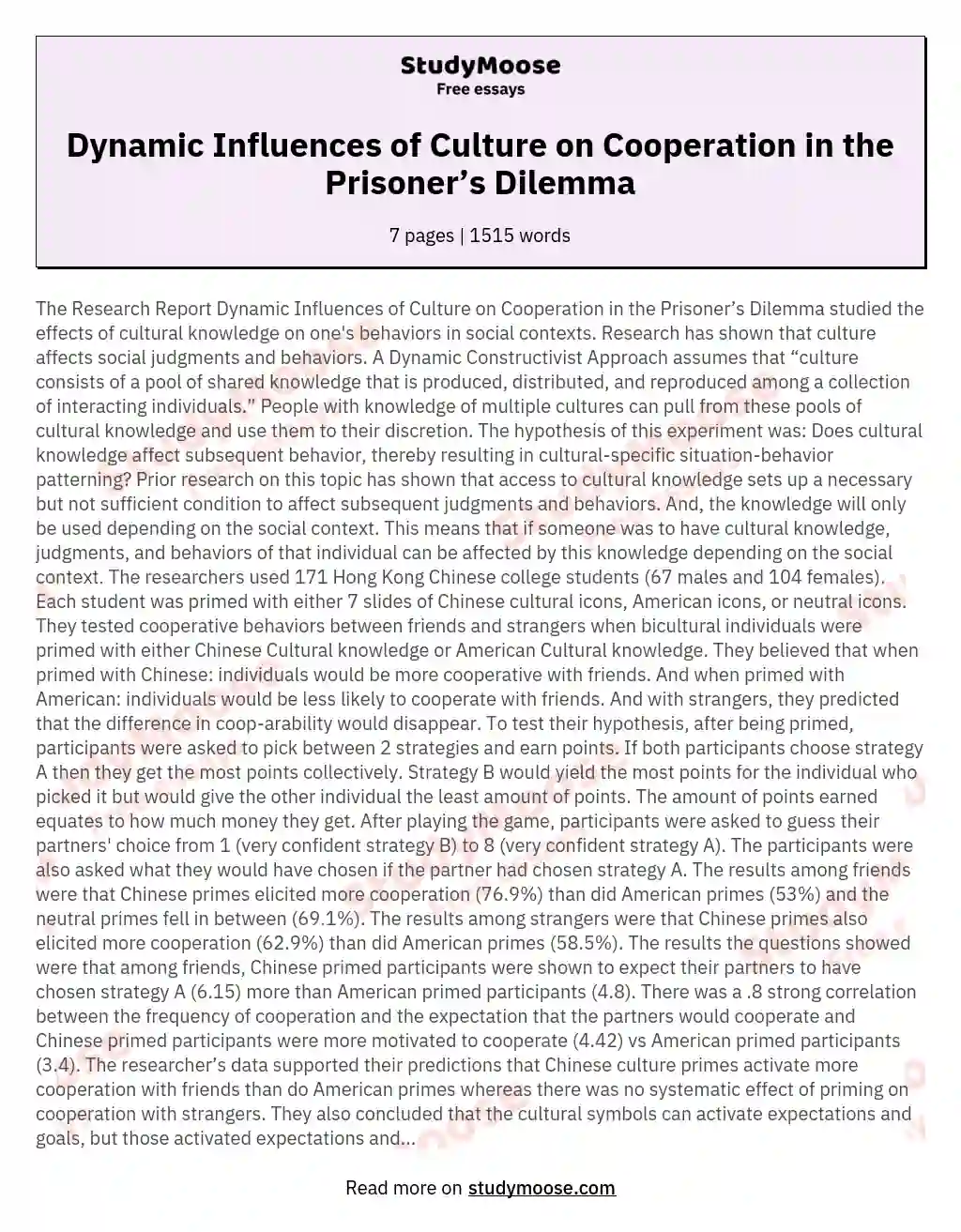 Dynamic Influences of Culture on Cooperation in the Prisoner’s Dilemma essay