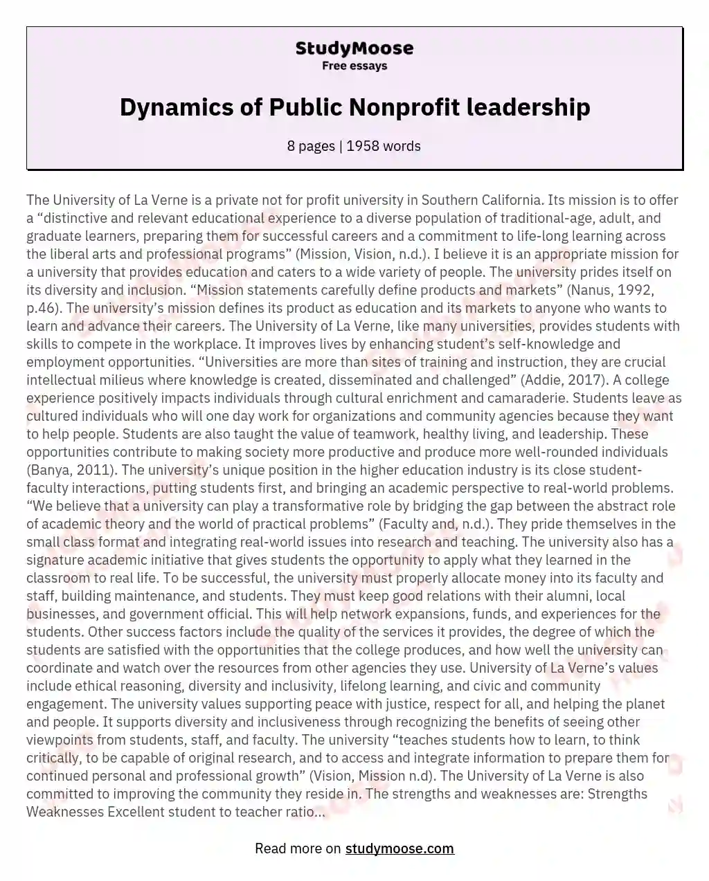 Dynamics of Public Nonprofit leadership essay