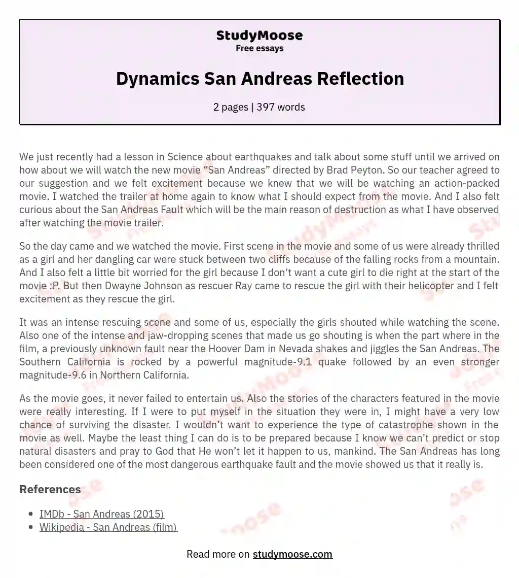 Dynamics San Andreas Reflection essay