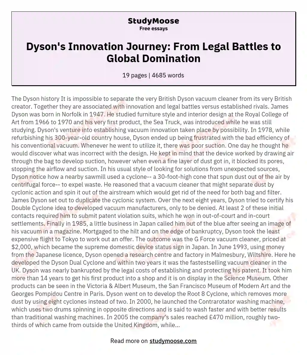 Dyson's Innovation Journey: From Legal Battles to Global Domination essay