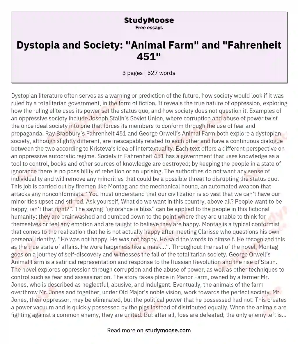 Dystopia and Society: "Animal Farm" and "Fahrenheit 451"