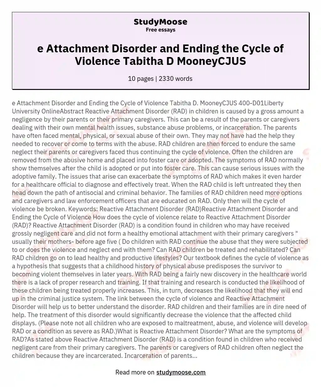 e Attachment Disorder and Ending the Cycle of Violence Tabitha D MooneyCJUS essay