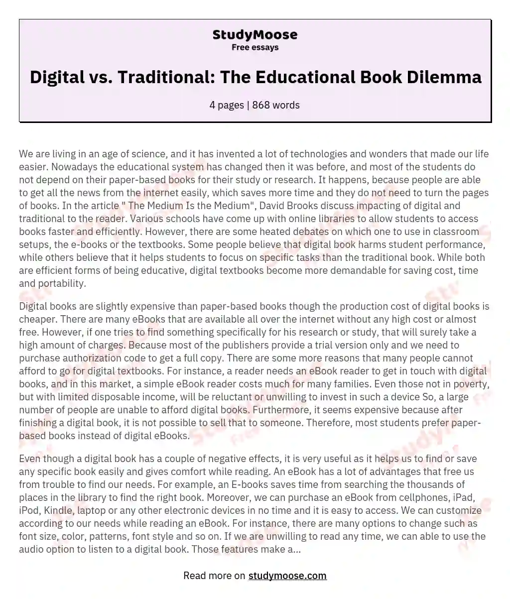 Digital vs. Traditional: The Educational Book Dilemma essay