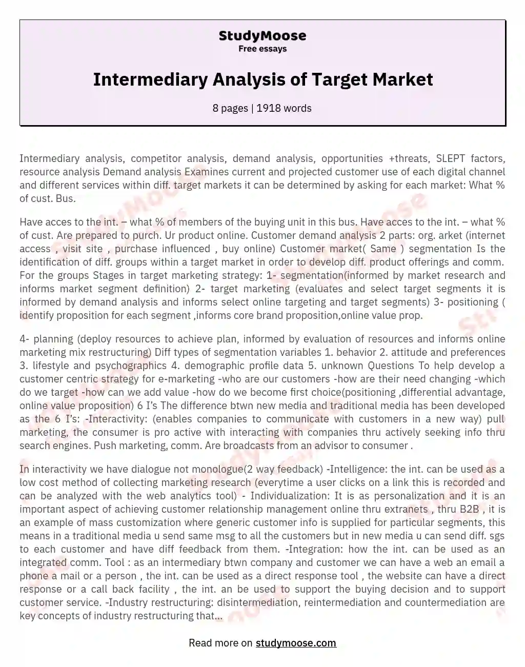 Intermediary Analysis of Target Market