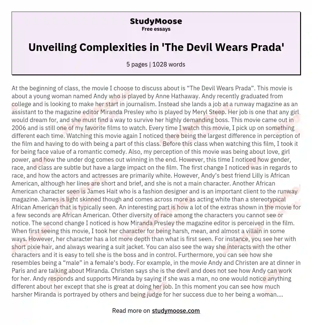 Unveiling Complexities in 'The Devil Wears Prada' essay
