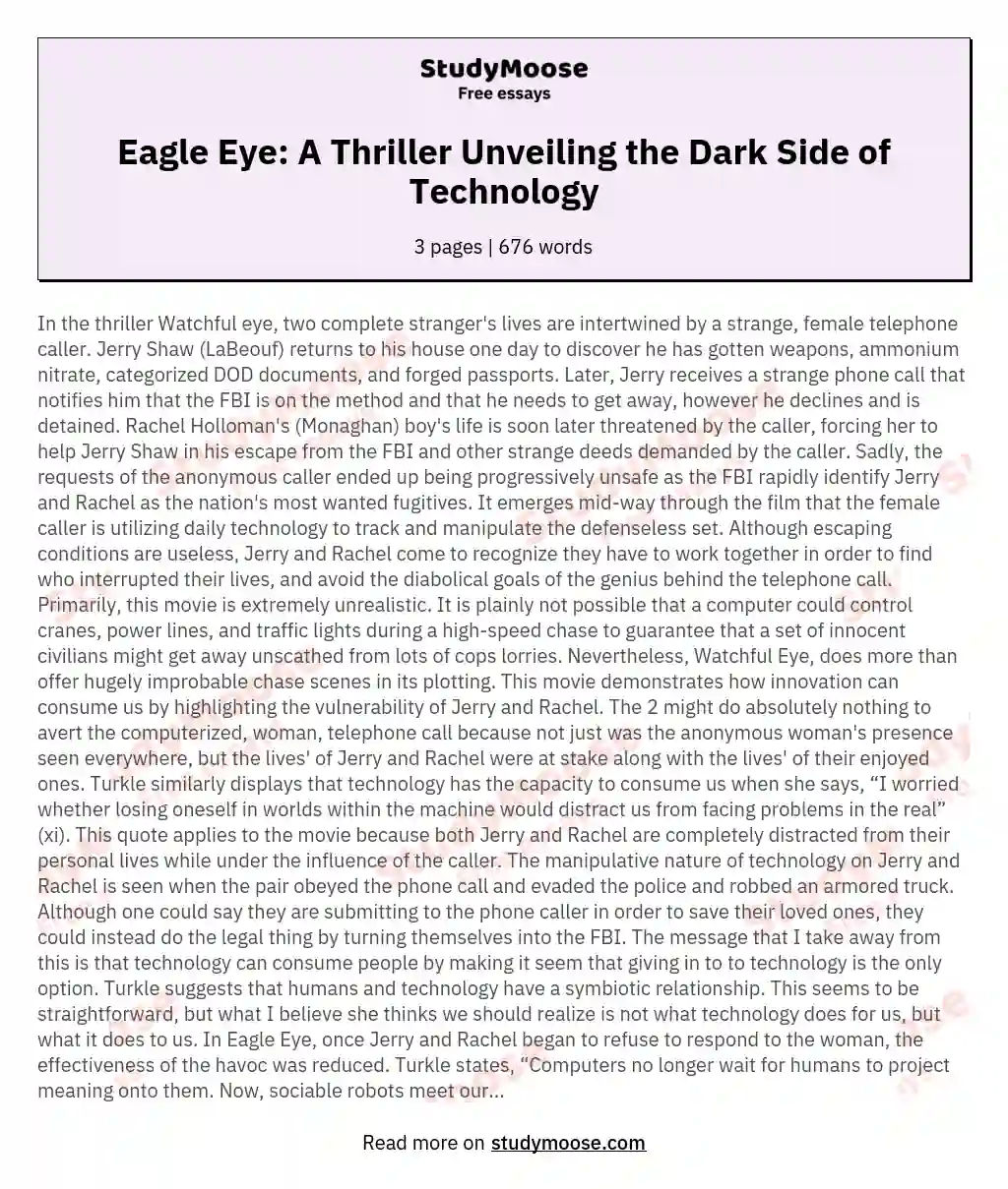 Eagle Eye: A Thriller Unveiling the Dark Side of Technology essay