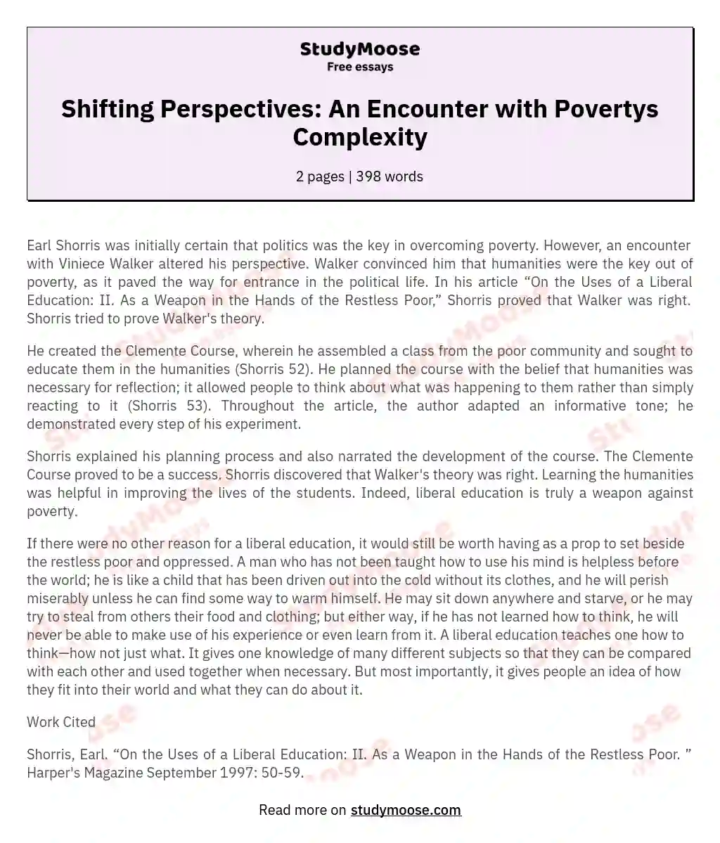 Shifting Perspectives: An Encounter with Povertys Complexity essay