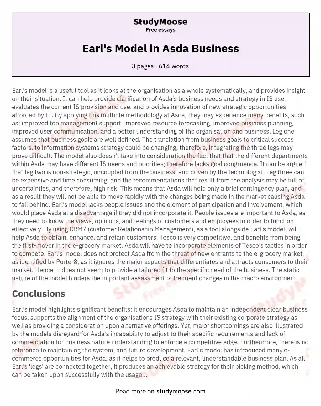 Earl's Model in Asda Business essay