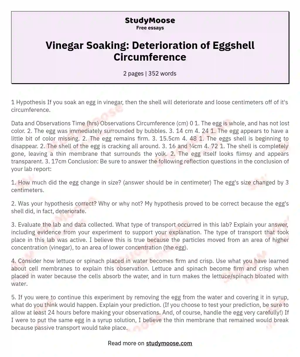 Vinegar Soaking: Deterioration of Eggshell Circumference essay