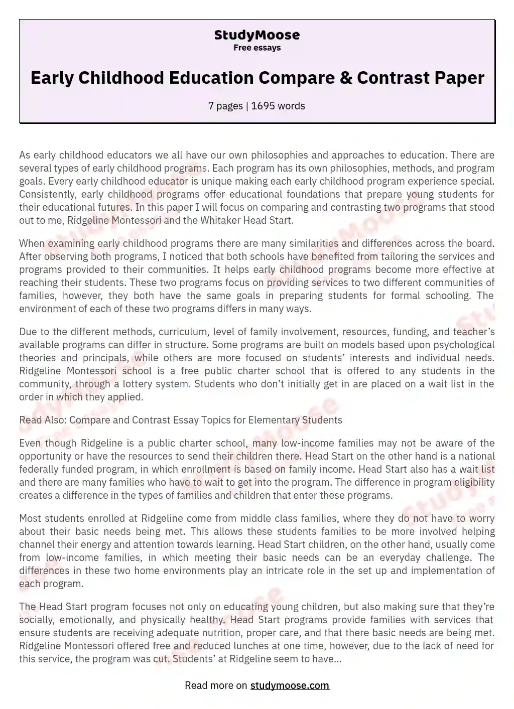 Early Childhood Education Compare Contrast Paper Examples For