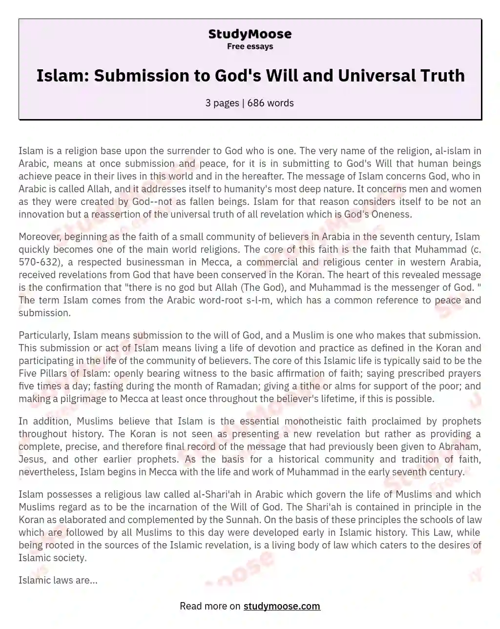 Islam: Submission to God's Will and Universal Truth essay