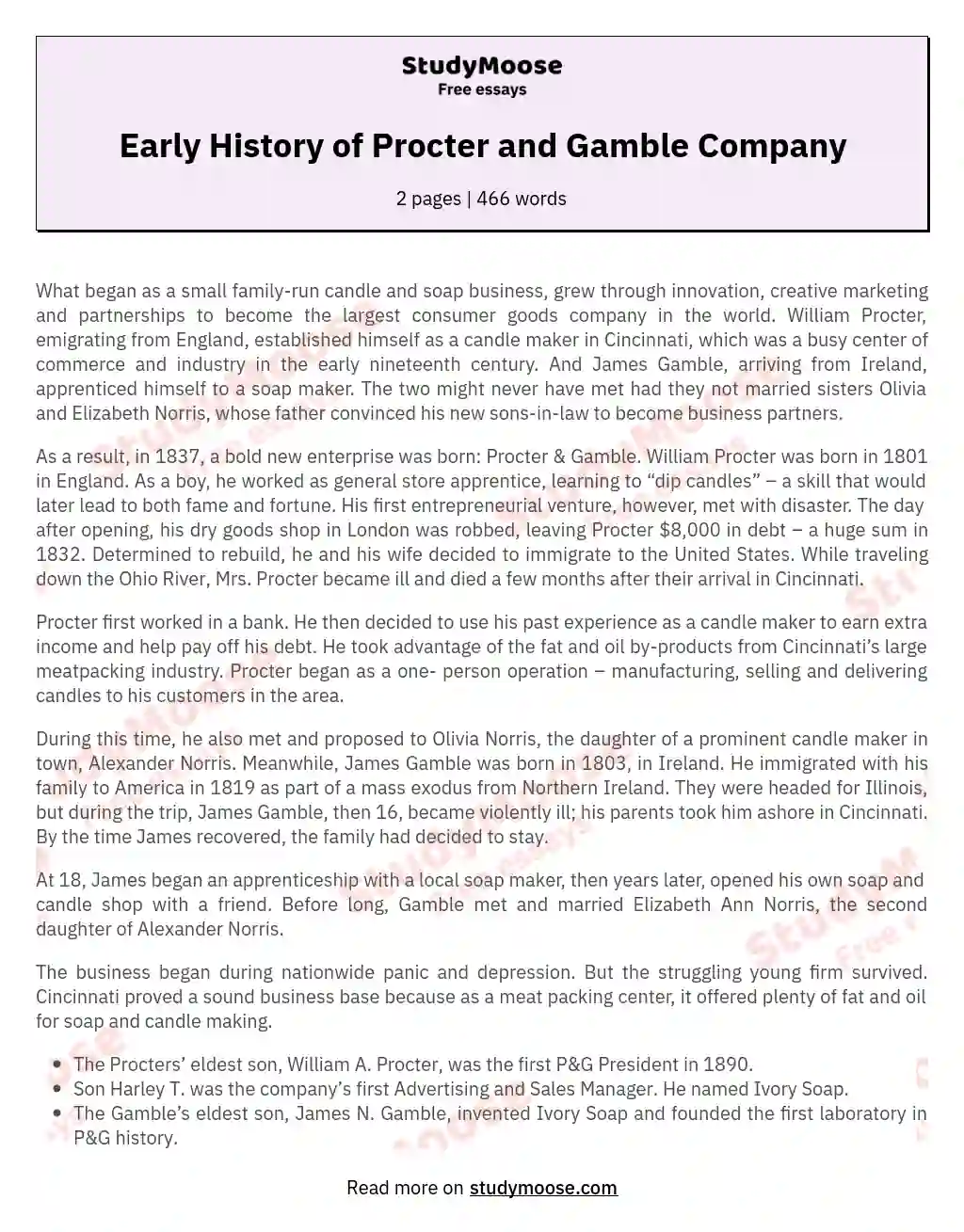 Early History of Procter and Gamble Company essay