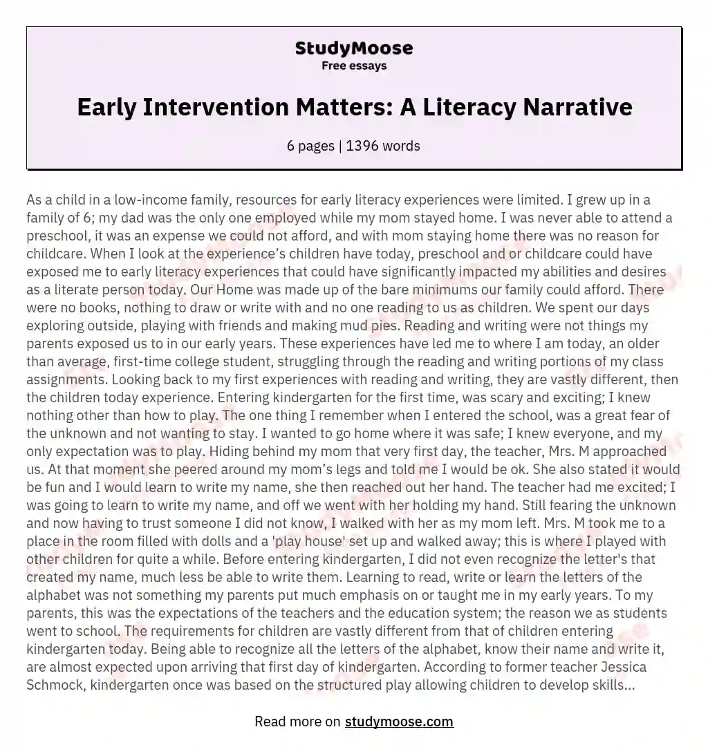 Early Intervention Matters: A Literacy Narrative essay