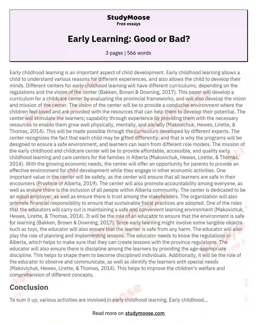 Early Learning: Good or Bad? essay