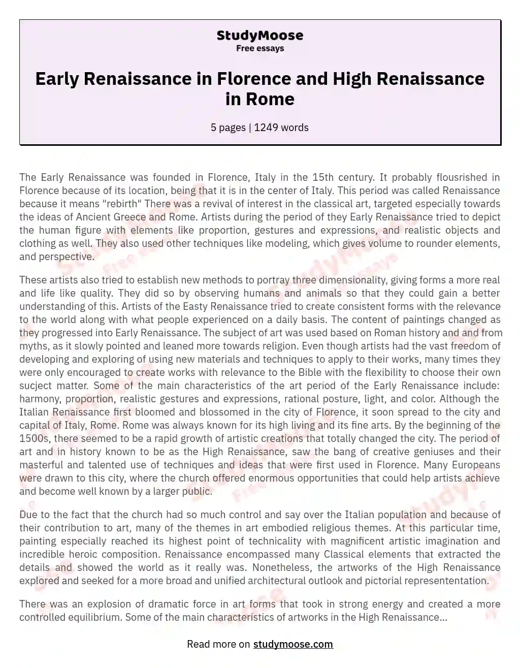 Early Renaissance in Florence and High Renaissance in Rome essay