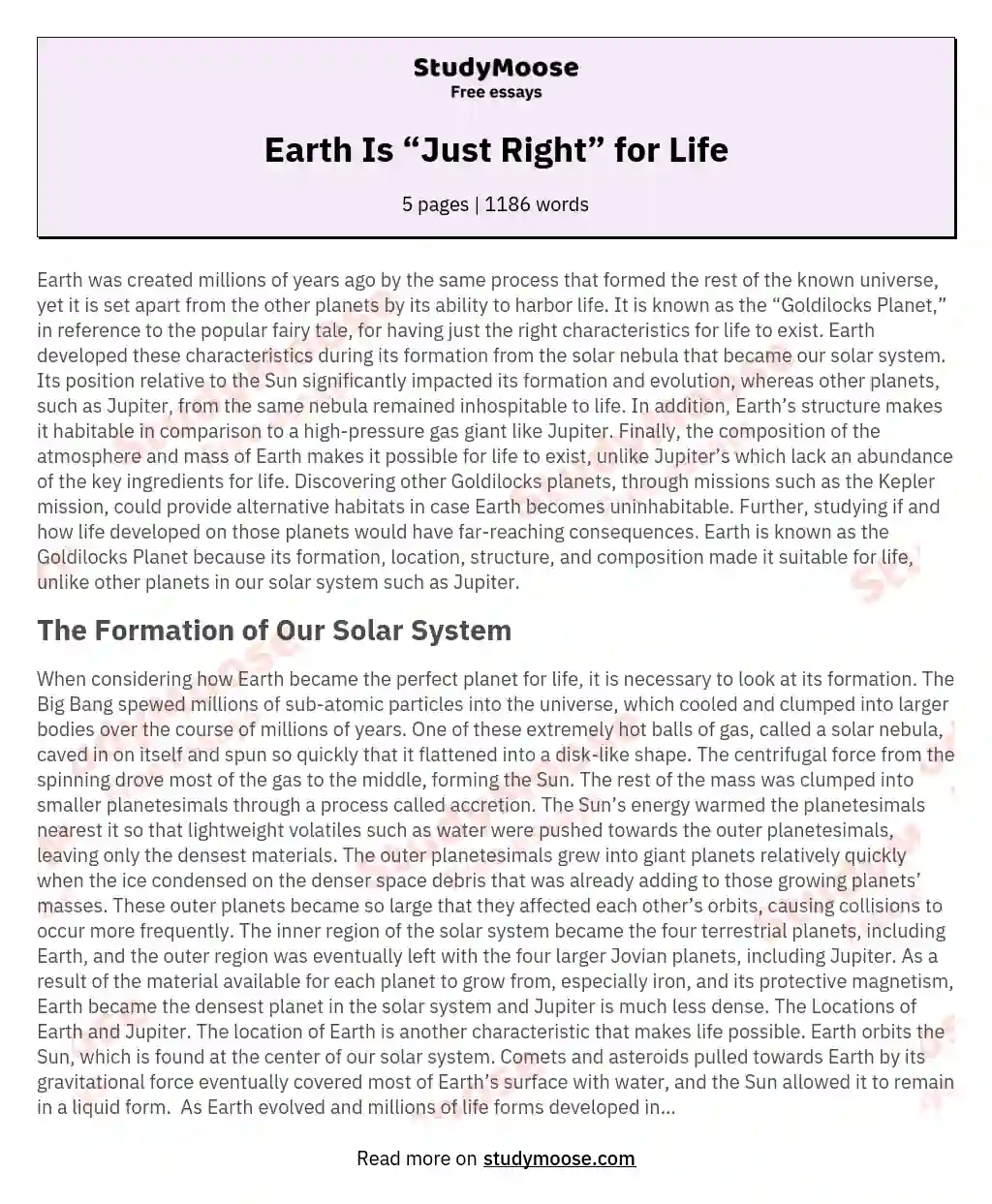 Earth Is “Just Right” for Life essay
