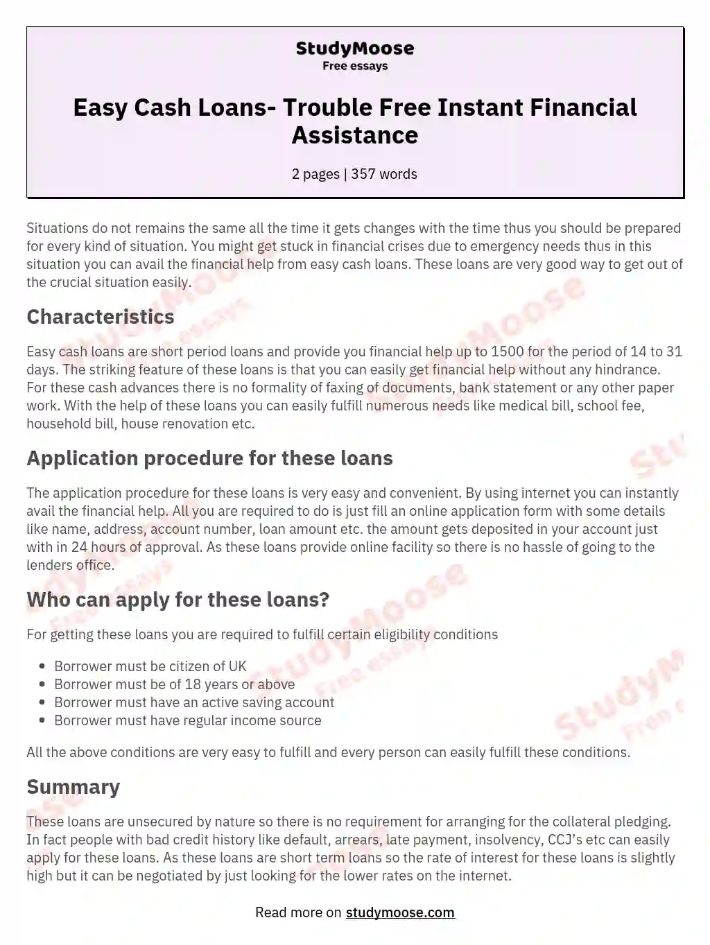Easy Cash Loans- Trouble Free Instant Financial Assistance essay