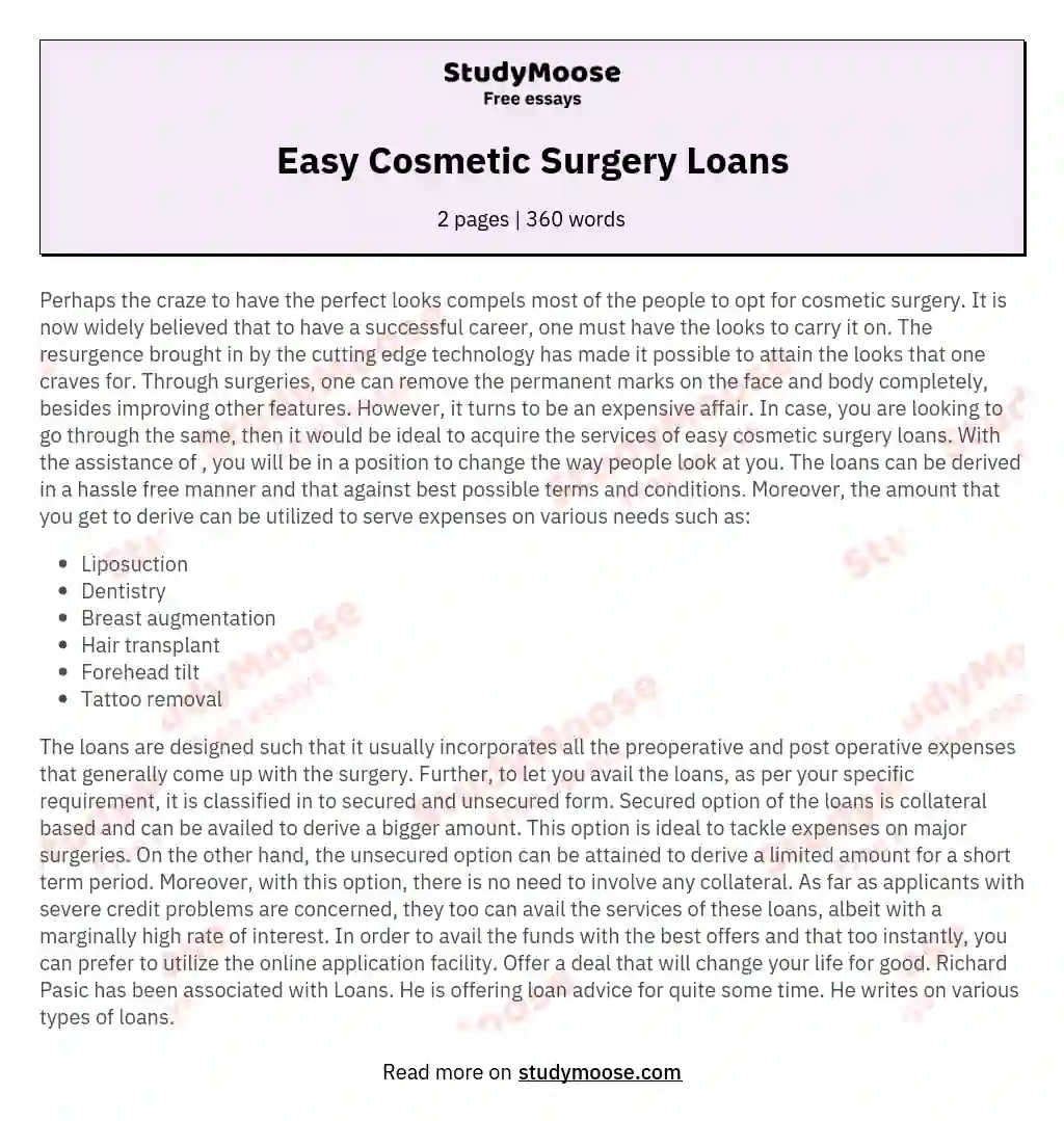 Easy Cosmetic Surgery Loans essay