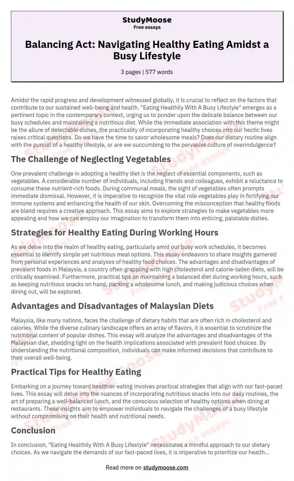 Balancing Act: Navigating Healthy Eating Amidst a Busy Lifestyle essay