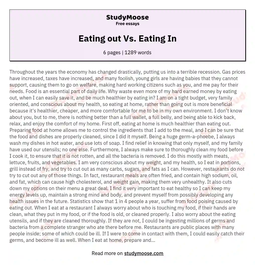 The Benefits of Eating at Home essay