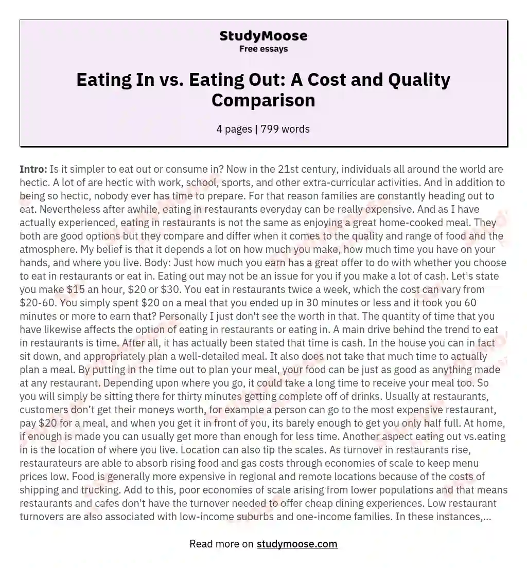 Eating In vs. Eating Out: A Cost and Quality Comparison essay